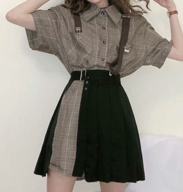 ワンピース チェック 春　秋　 シャツワンピ アイドル かわいい 黒スカート 個性ファッション オルチャン 韓国ファッション