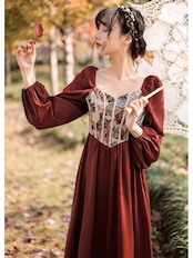 【0101】Red Flower Vintage Long Sleeve Dress