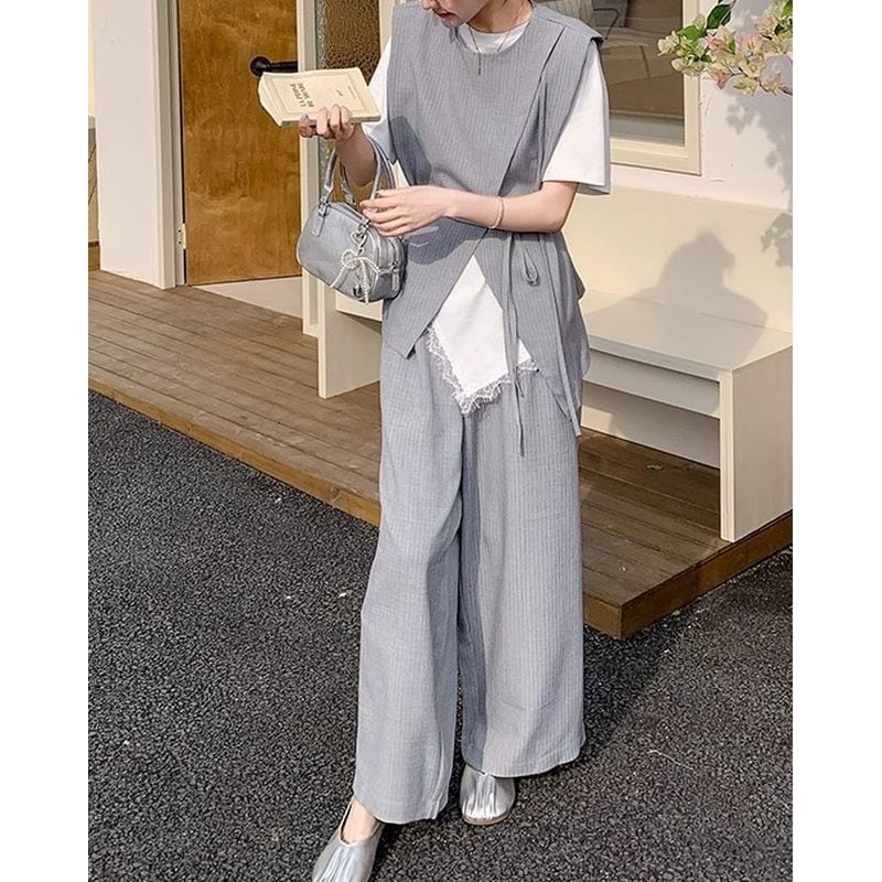 waist ribbon asymmetrical vest T shirt and wide pants set 101496