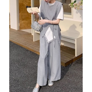 waist ribbon asymmetrical vest T shirt and wide pants set 101496