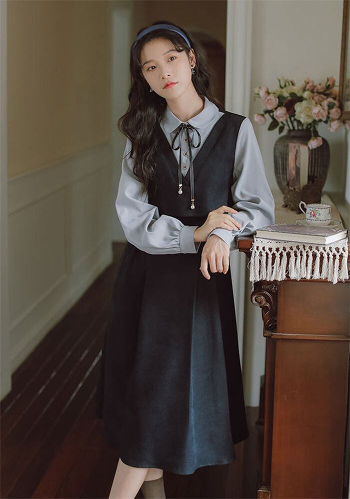 ワンピース レトロワンピース レディース 2色 S-L 長袖 レトロ 韓国