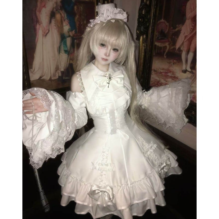 ゴスロリ ロリータ ブラック＆ホワイト レースドレスセット ロリータファッション ゴスロリ 黒・白 レース多段フリルドレス