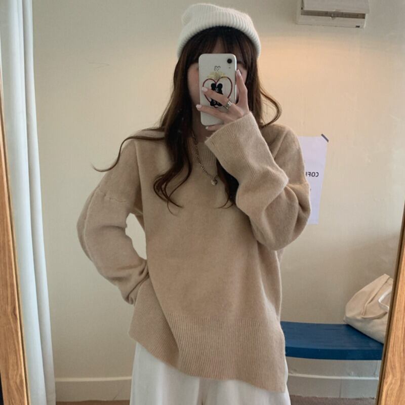 ルーズ薄手ラウンドネックプルオーバー セーター オータムカラートップス ロング 秋物 Oネック ハンチェンe22887017557