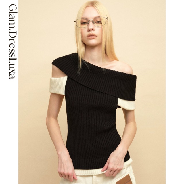 Contrast Off-Shoulder ニット_T08