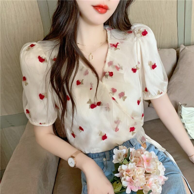 刺繍シャツ レディースサマーVネックスリーブブラウス 夏物 ハンチェンe20275078799