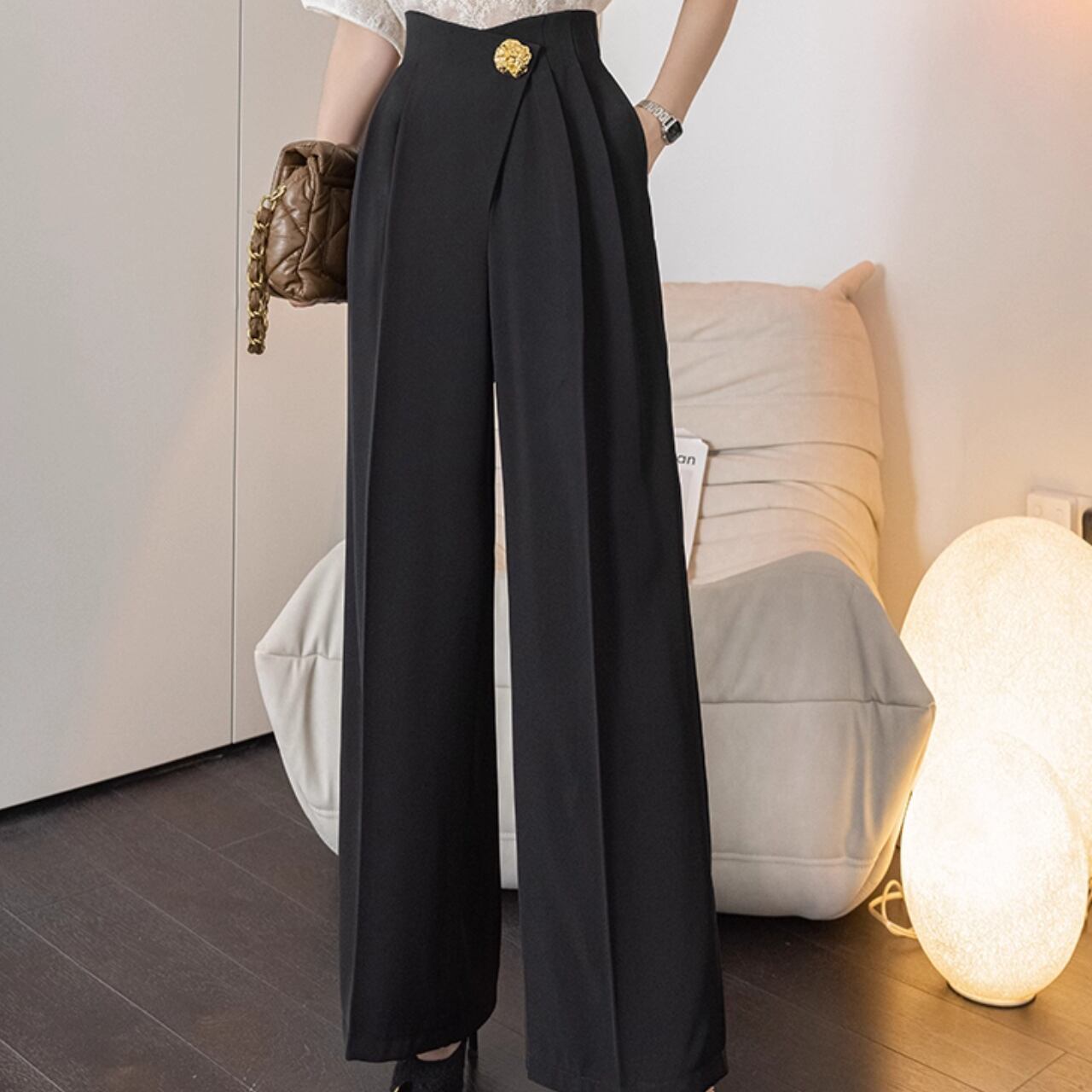 ハイウエストタック入りフロントボタンワイドレッグパンツ K1007