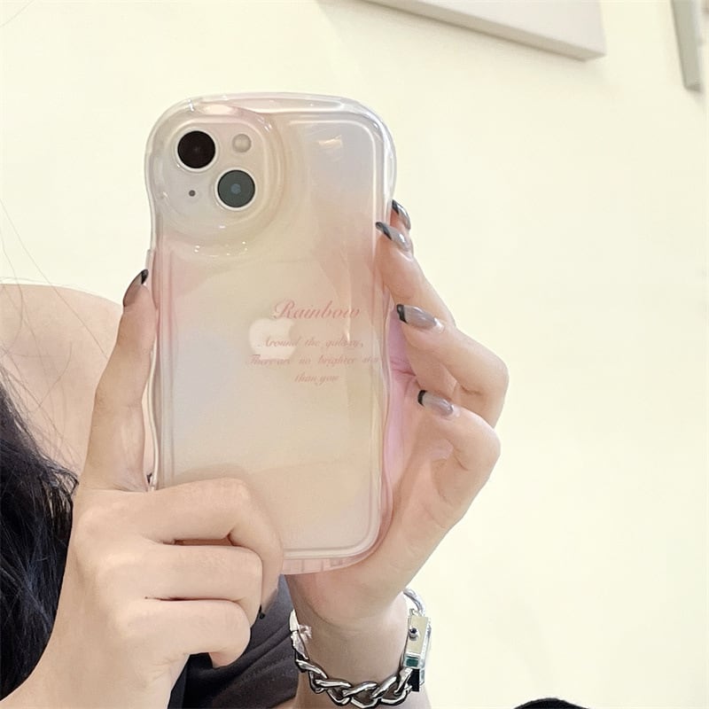 虹と海のグラデーション◎大人気 ウェーブフレーム 耐衝撃 クリアケース iPhone11 カメラ保護フレーム ブルー ピンク グラデ 透明 スマホケース ND-15446