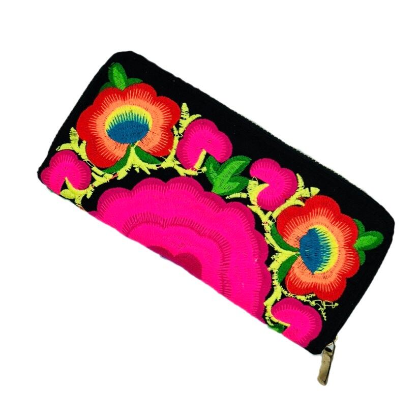 メキシコ 刺繍 ラウンド長財布 花柄ブラック