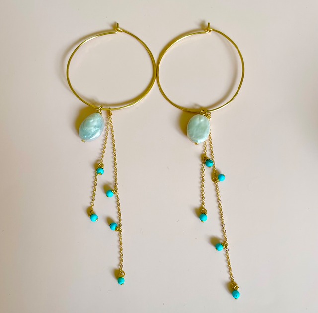 big hoop chain stone pierced earrings  -on the beach-
