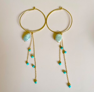 big hoop chain stone pierced earrings  -on the beach-