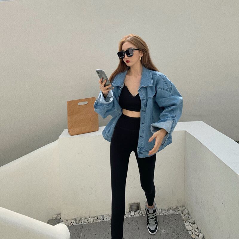 レトロ香港ブルーシンデニムショートジャケットレディース2020年秋ルーズロングスリーブトップイントレンド ブラックストロベリース59341517656