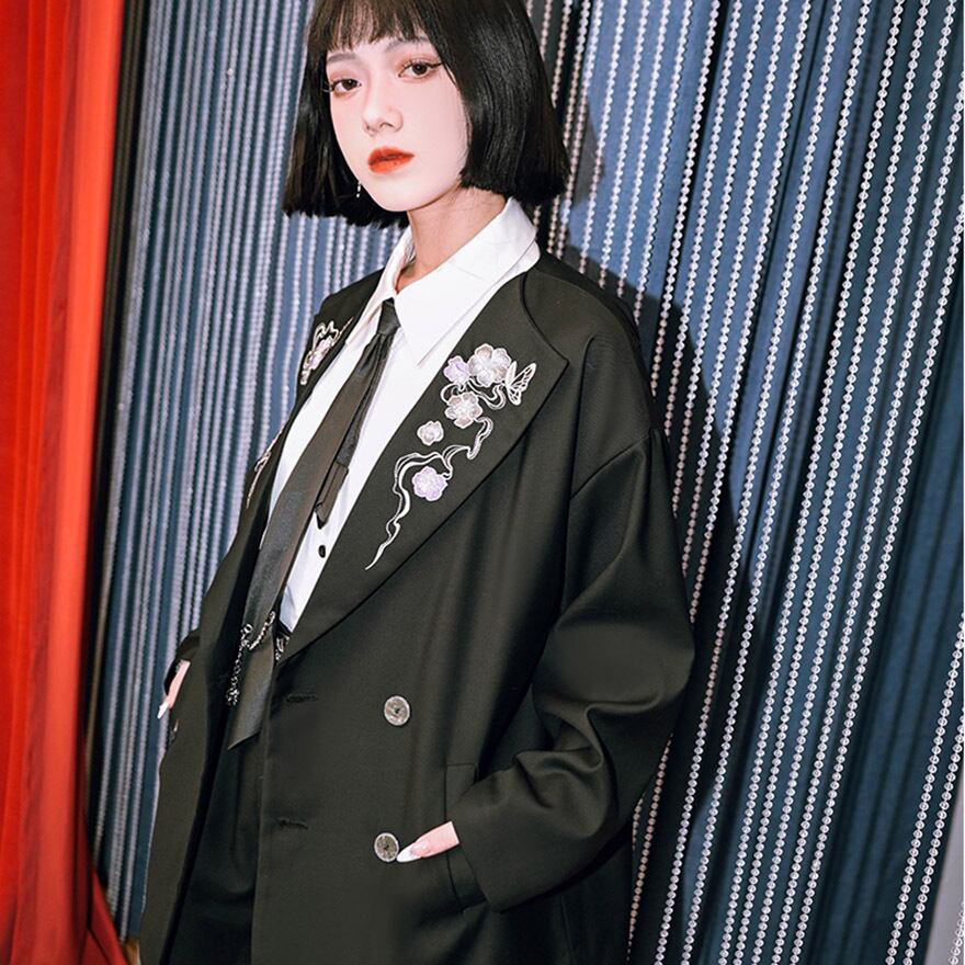 サブカル 服 地雷系 通販 チャイナ風服 チャイナ風服 古怪舎 ジャケット アウター ブレザー 蝶 花柄 刺繍 闇かわいい