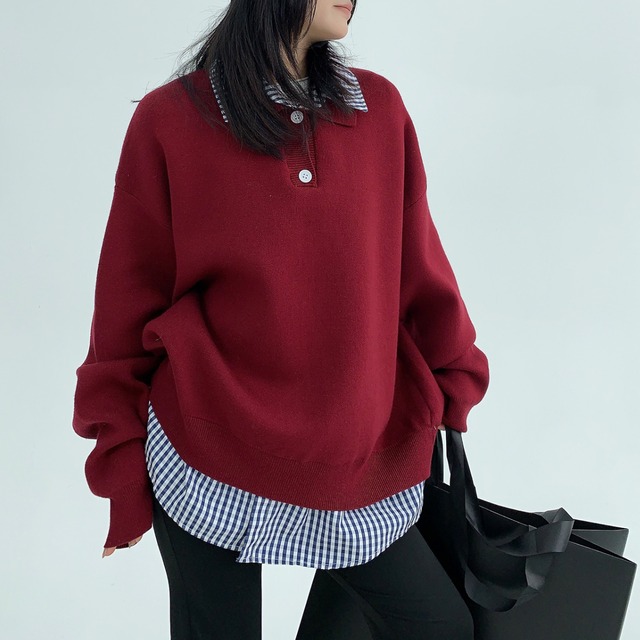 layered check polo knit　レイヤード風チェックポロニット　J0622