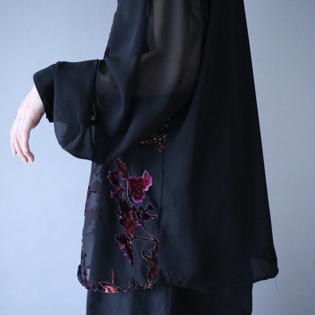 flower velours pattern loose black see-through shirt