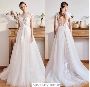 立体小花 Aライン オープンバック ウェディングドレス