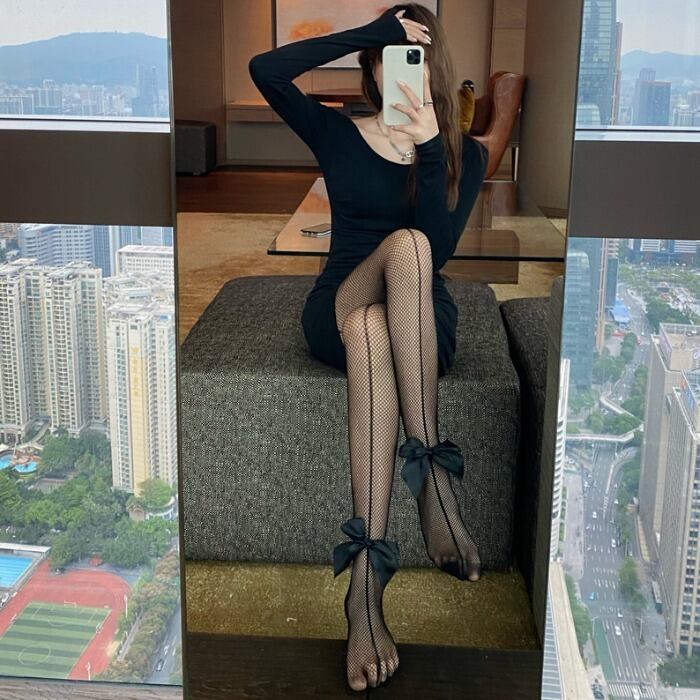 スプリングサマーリボンブラックレッドストッキング 薄手ネットソックス レディース 春物 夏物 タイツ ドラファッションホール2301864175