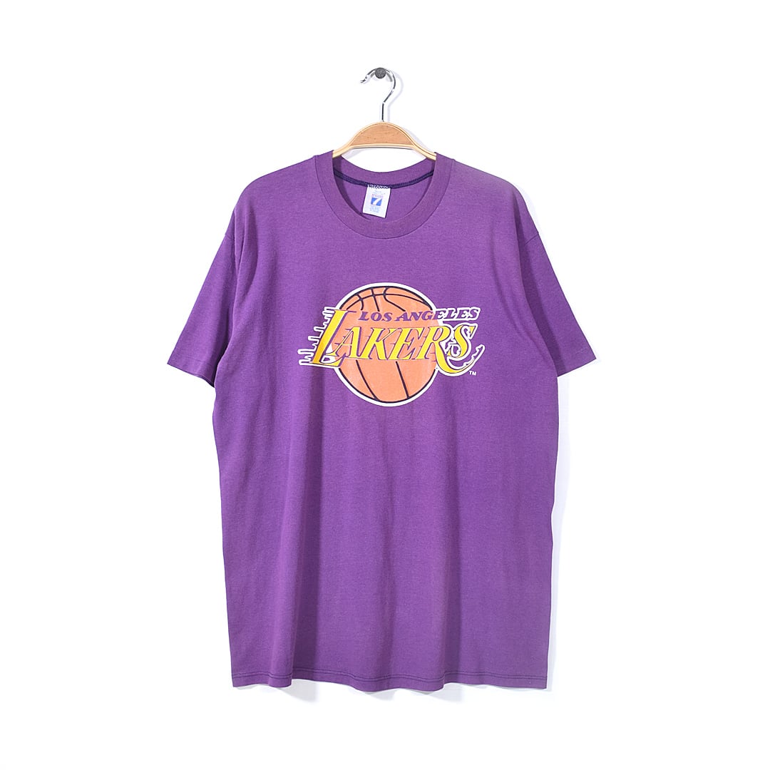 80s ロサンゼルスレイカーズ USA製 ヴィンテージ Tシャツ パープル NBA 袖シングル LOS ANGELES LAKERS サイズXL 古着 @BZ0133