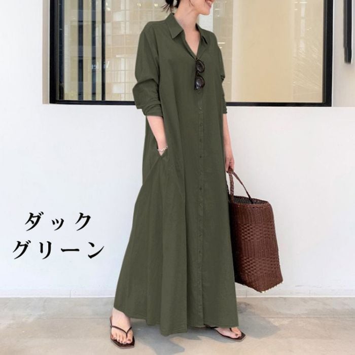 by OSTYLE L 40 長袖シャツワンピース 無地 グリーン 通勤 1e313b6a20518df161e12544ef65c3