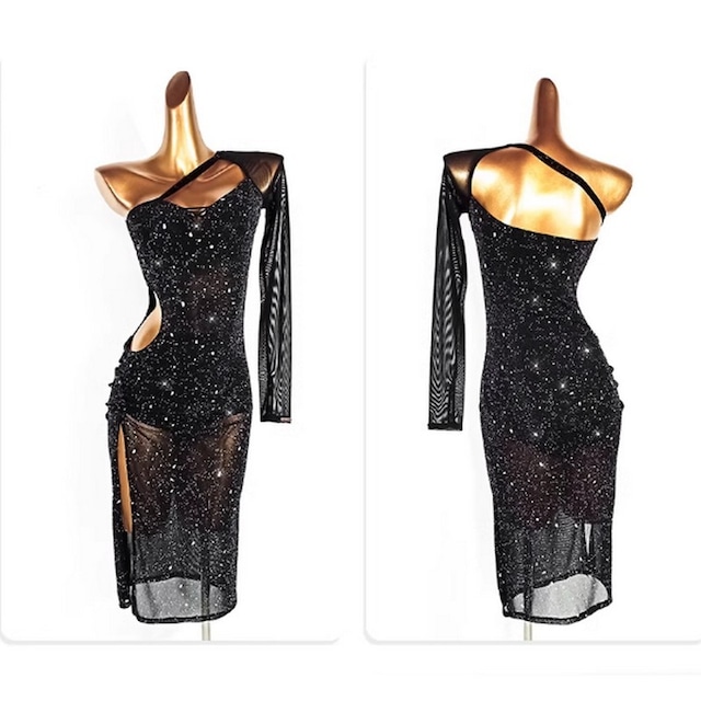 スパンコール ワンショルダー スリット フレアスリーブ ロング丈 ドレス ds0162