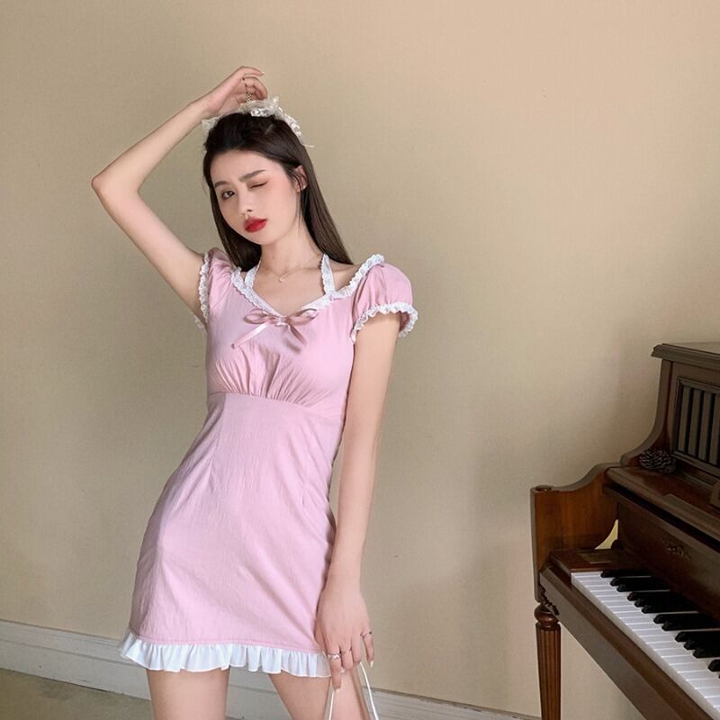 レースドレス ウェスト薄手スカート サマーショート ピンク 夏物 ブラックストロベリース69304255604