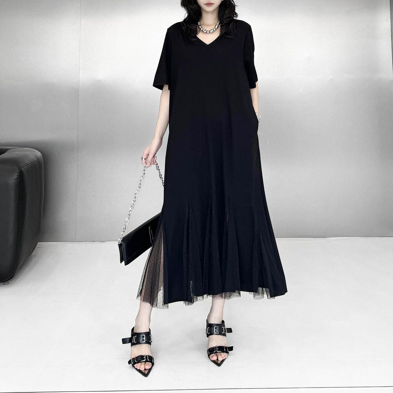 MESH PANEL V-NECK SHORT SLEEVE MERMAID DRESS M-17737