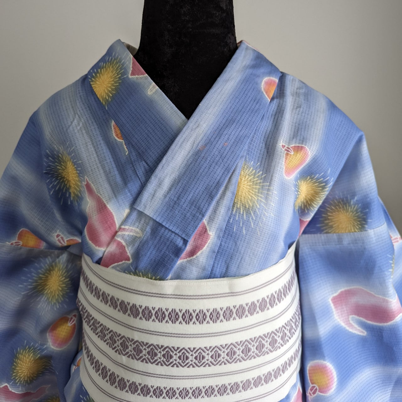 未使用】プレタ浴衣 バチ衿 変わり織り 猫と花火とホタル 水色縦ぼかし