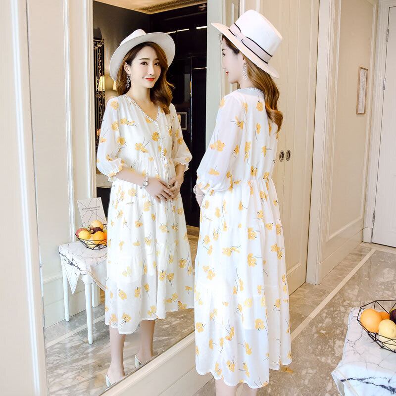 【新作】【送料無料】 夏のゆったりとした服妊娠中の女性妊娠中のVネックシフォンマタニティ母乳育児ドレス サマー 夏物 expec548946868019