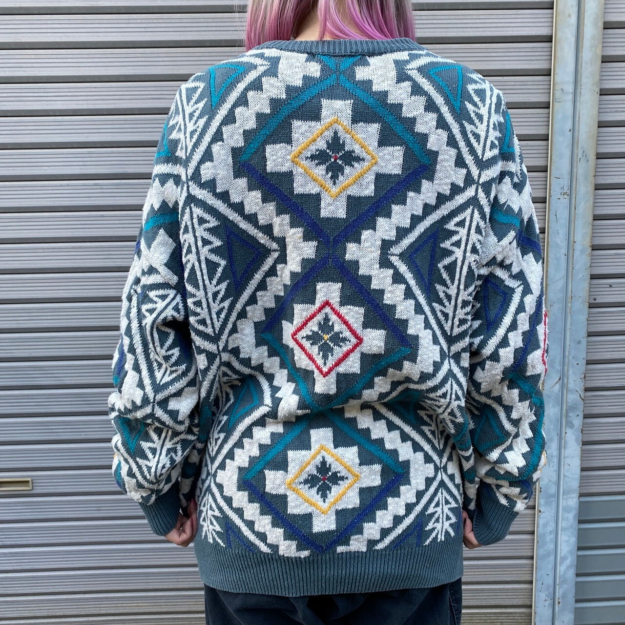 claiborne ネイティブ柄 コットンニットセーター メンズM 古着 