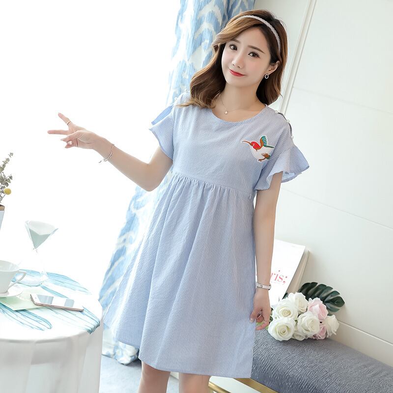 【新作】【送料無料】 マタニティドレス2019夏の新しいファッション外出母乳育児ドレスストライプ半袖母乳育児ドレス妊婦-アリババ サマー 夏物 expec237527947511
