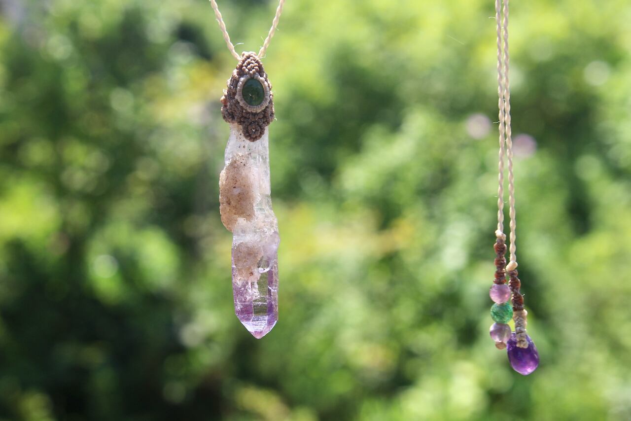 Amethyst point & Chrome Tourmaline  micro macrame pendant