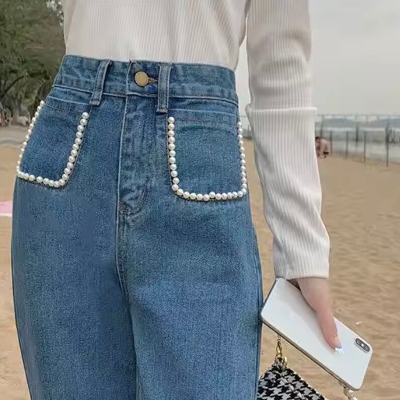 ガーリーパールストレートデニム