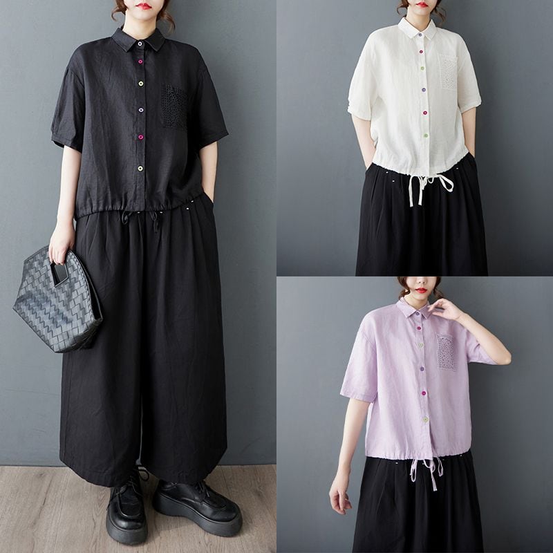 MULTI COLOR BUTTON DRAWSTRING HEM HALF SLEEVES SHIRT 3colors M