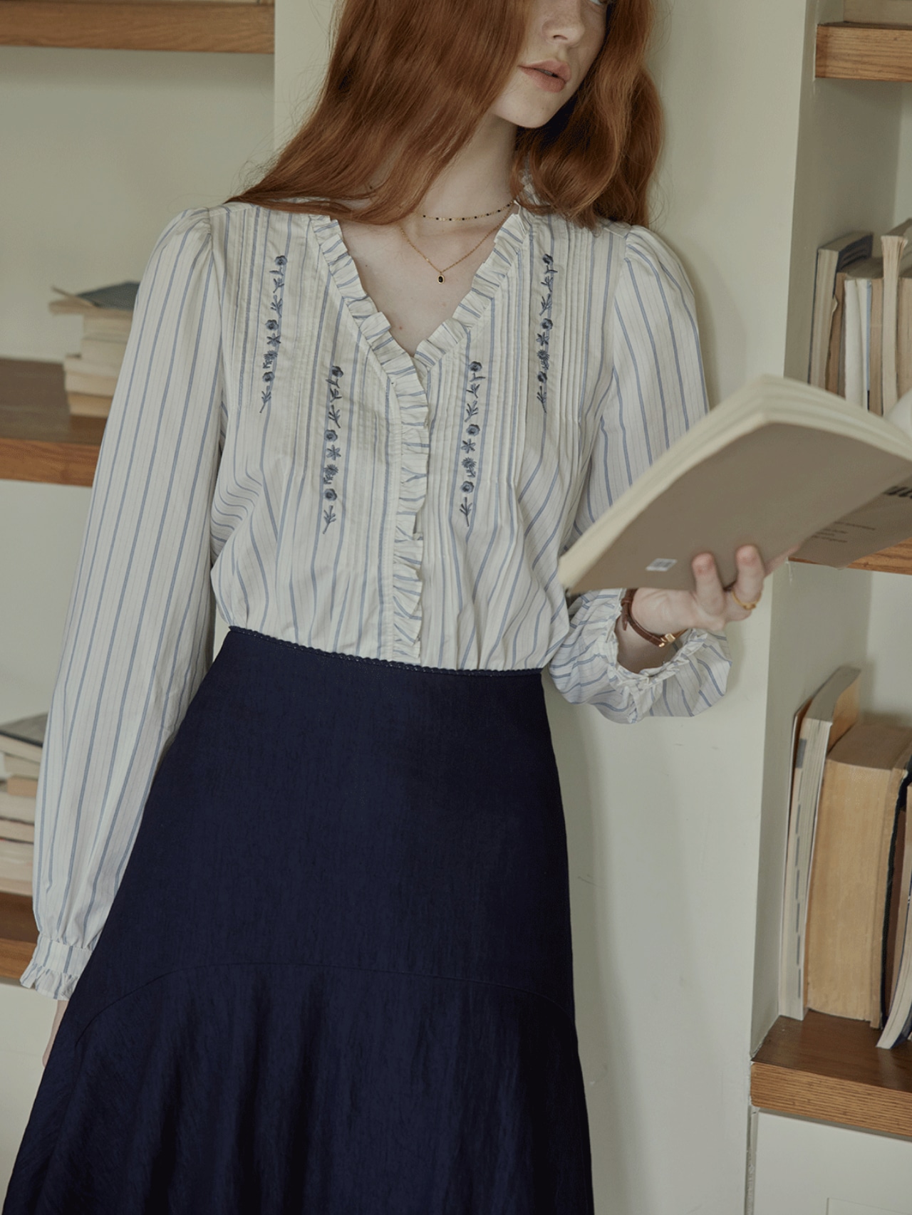Poésie Bleue Embroidered Ruffle Blouse F0785