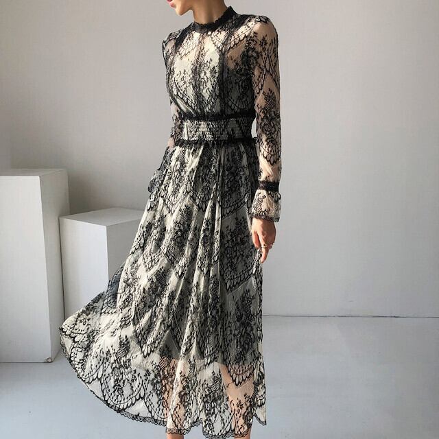 S/M/L/XL レディース ワンピースドレス 上品 総レース ロングワンピ パーティードレス ブラック シースルー