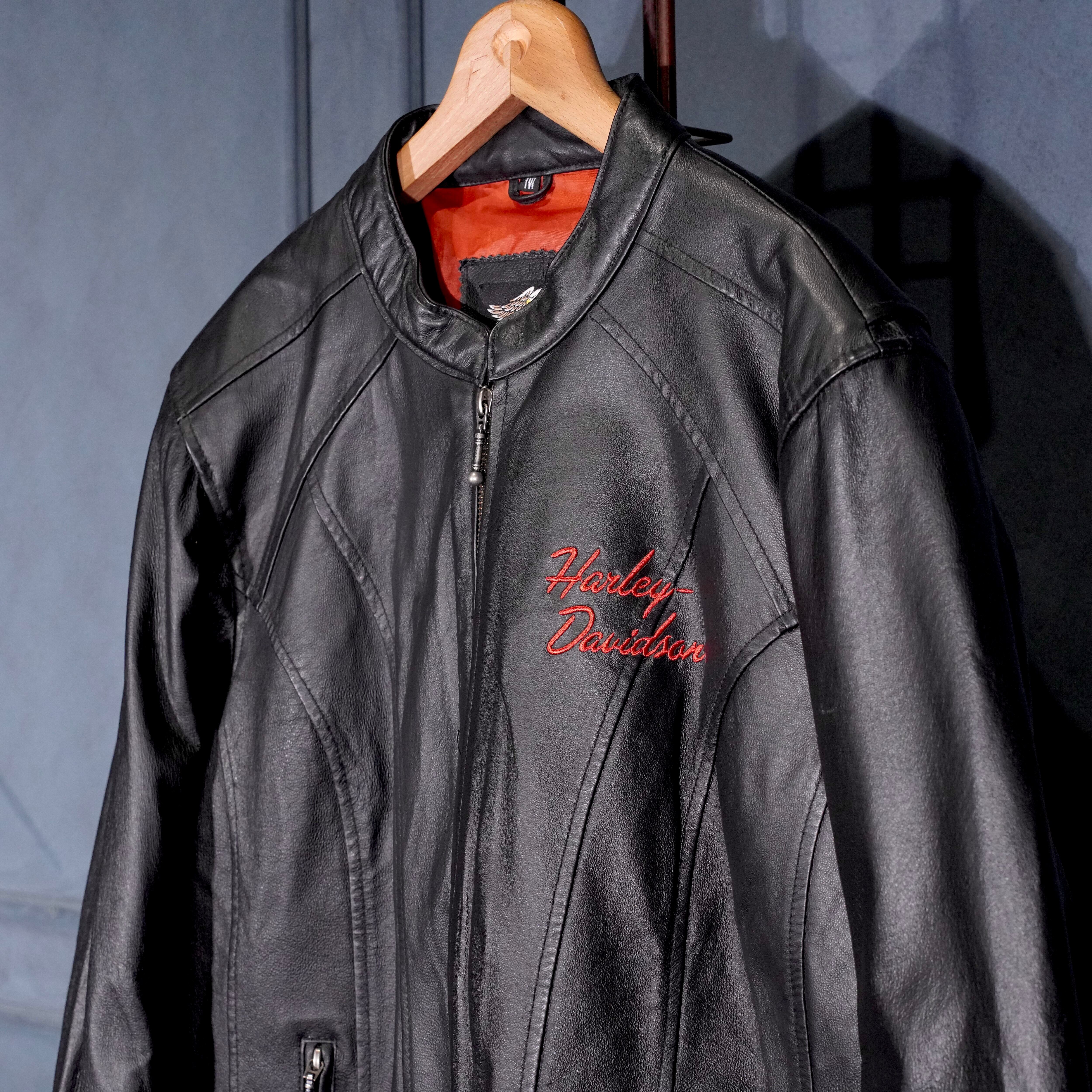 USA VINTAGE HARLEY DAVIDSON LOGO EMBROIDERY DESIGN ZIP UP LEATHER