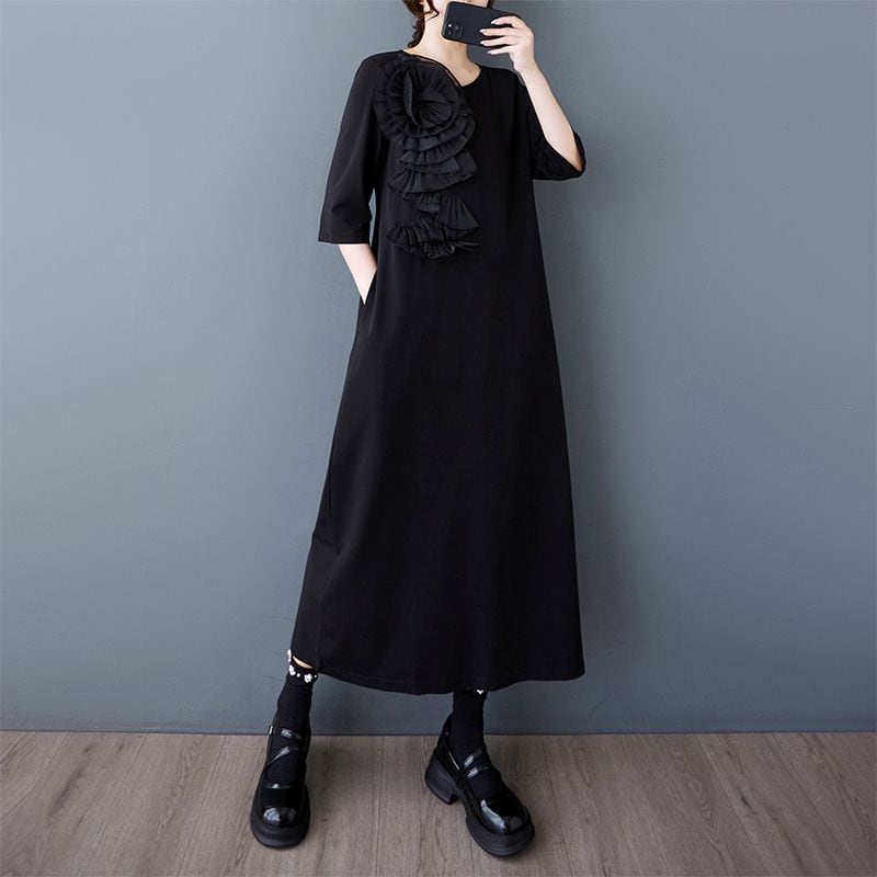 BLACK 3D MOTIF 3/4 SLEEVES A-LINE LONG DRESS 1color M-13220