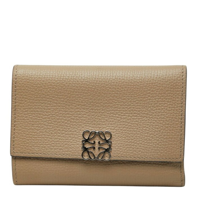 ロエベ アナグラム バーティカル スモール ウォレット 三つ折り財布 ベージュ レザー レディース LOEWE 【中古】