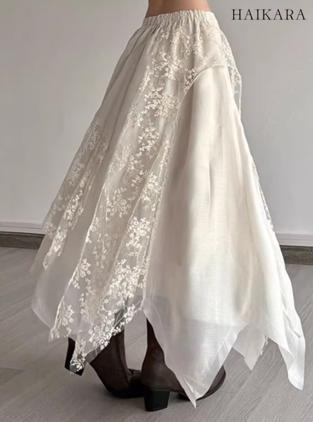 アシンメトリー レースレイヤード ロングスカート