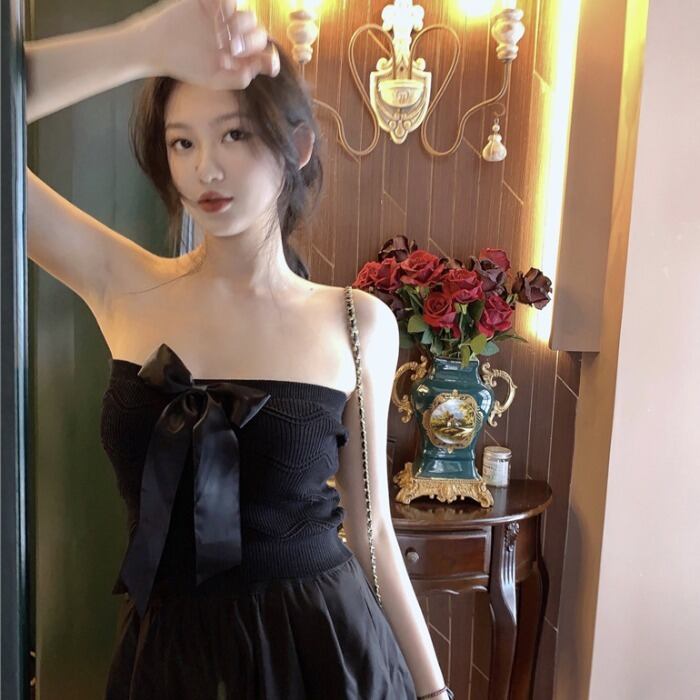 サマースタイルニットトップス ショートレディース リボン 大人ガーリー スウィート キュート カジュアル 夏物 ドラファッションホール83998687931