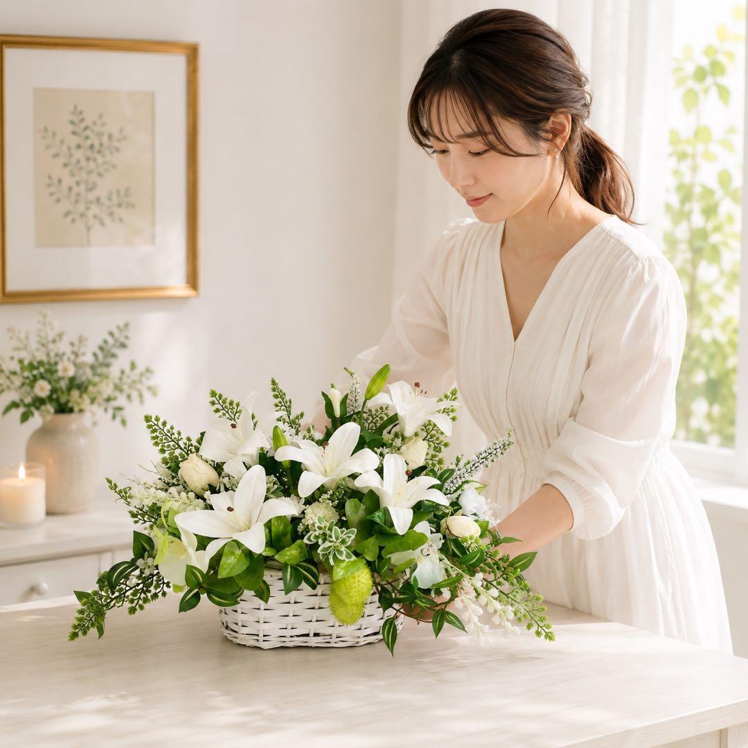 枯れないお供え花 百合の光触媒フラワーアレンジメント お盆・初盆