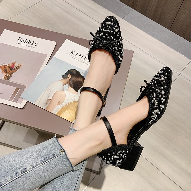 野生の蝶ネクタイバックルラインストーンパールの先のとがった厚いヒールシューズのサンダルレディース春/夏2020新しいバージョン 部族の婦人靴8790358