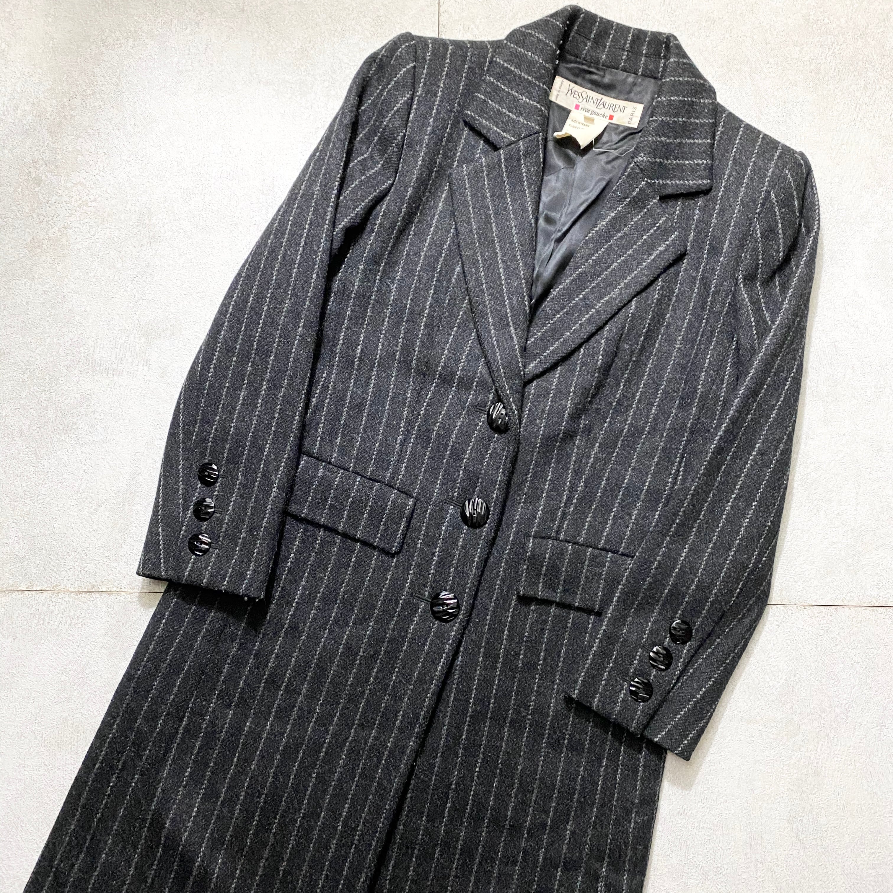 vintage YVES SAINT LAURENT stripe pattern wool single coat | NOIR 
