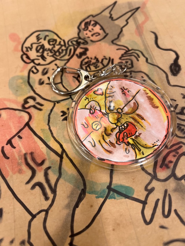 手描き大判ポストカード付き！オリジナル手描きドローイングキーホルダー丸型「自由恋愛」