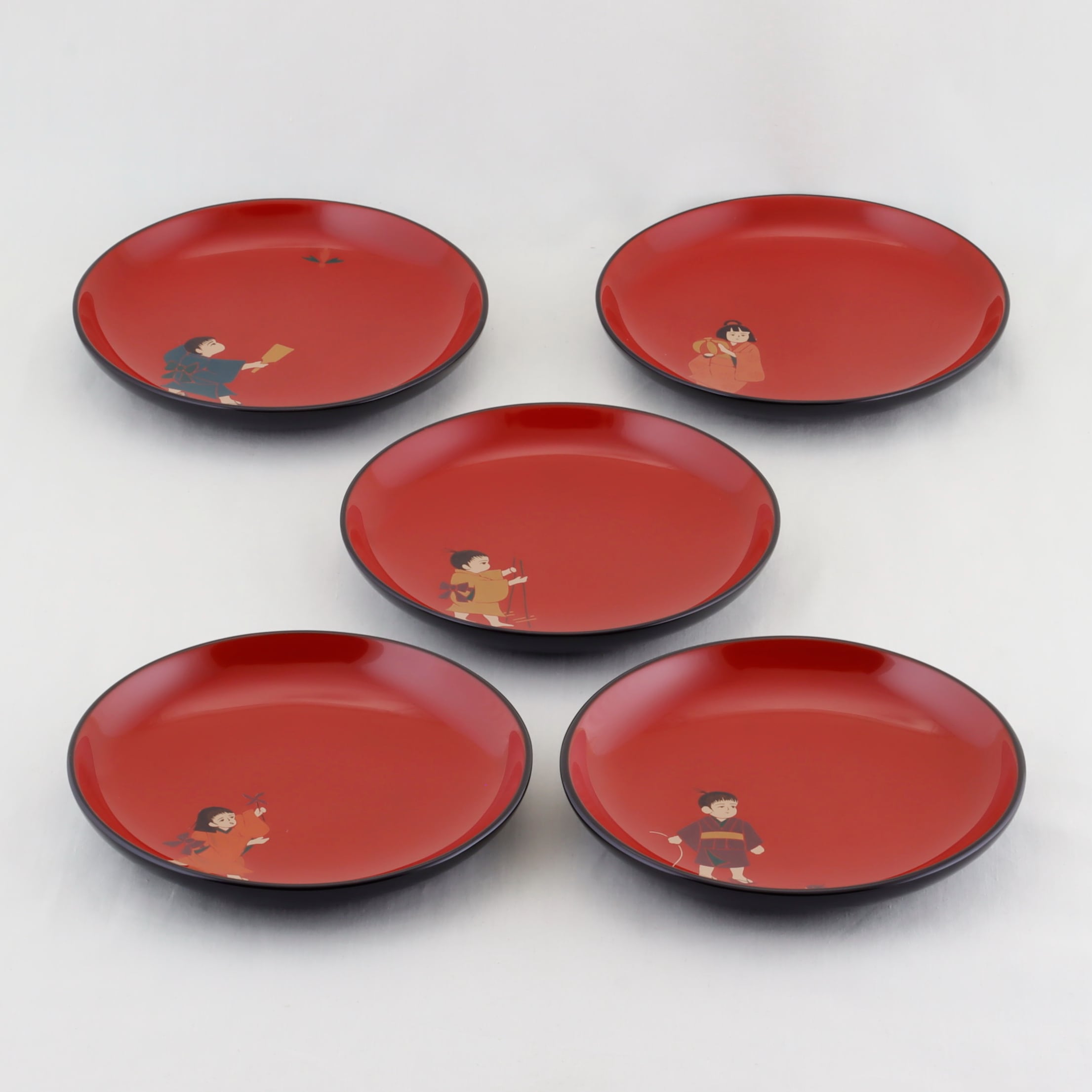 輪島塗　中山強造　図替 銘々皿　美品　共箱　茶道　懐石道具　送料込 1501 輪島塗 銘々皿／丸形／黒内朱塗／童蒔絵／五枚組 | 輪島塗 加藤