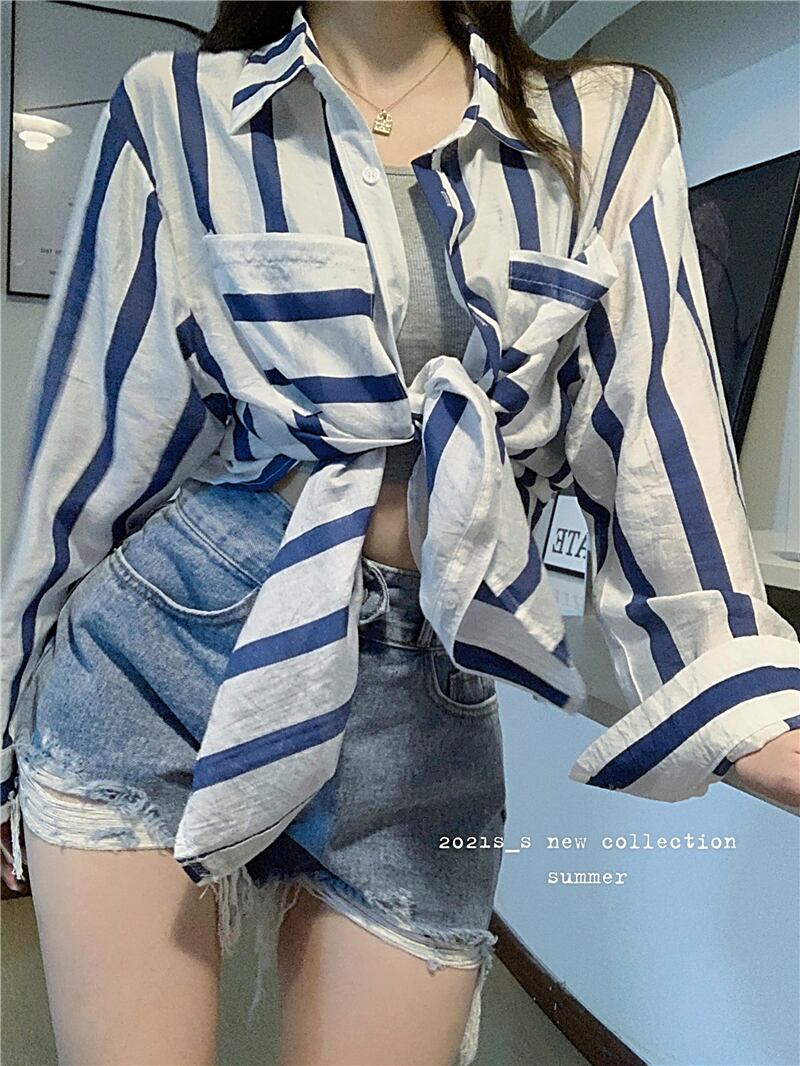 スタイルストライプシャツ ジャケット サマー薄手 ロング 夏物 ブラックストロベリース88176312816