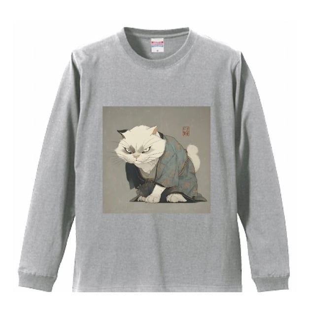 「睨みの白猫、仁義江戸猫」ロングTシャツ リブ付 /"Glazing White Cat, Honorary Edo Cat" Long Sleeve T-Shirt with Rib