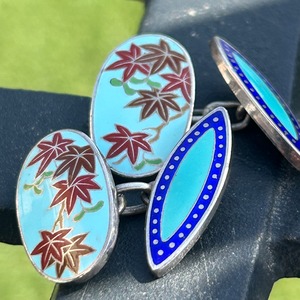 ヴィンテージ　輸出用七宝カフスボタン　スカイブルーに紅葉