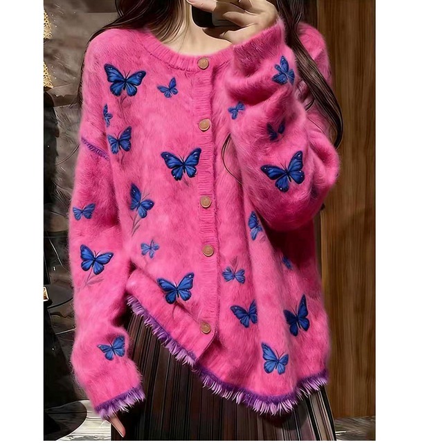 vibrant pink butterfly print fuzzy cardigan<t3178>
