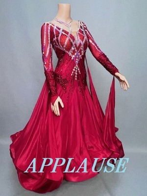 【新着】社交ダンス ドレス　スタンダード　モダンドレス　エンジ　M　ST-24-7　デモ・競技用ドレス　発表会衣装　パーティドレス　ワンピース　舞台衣装