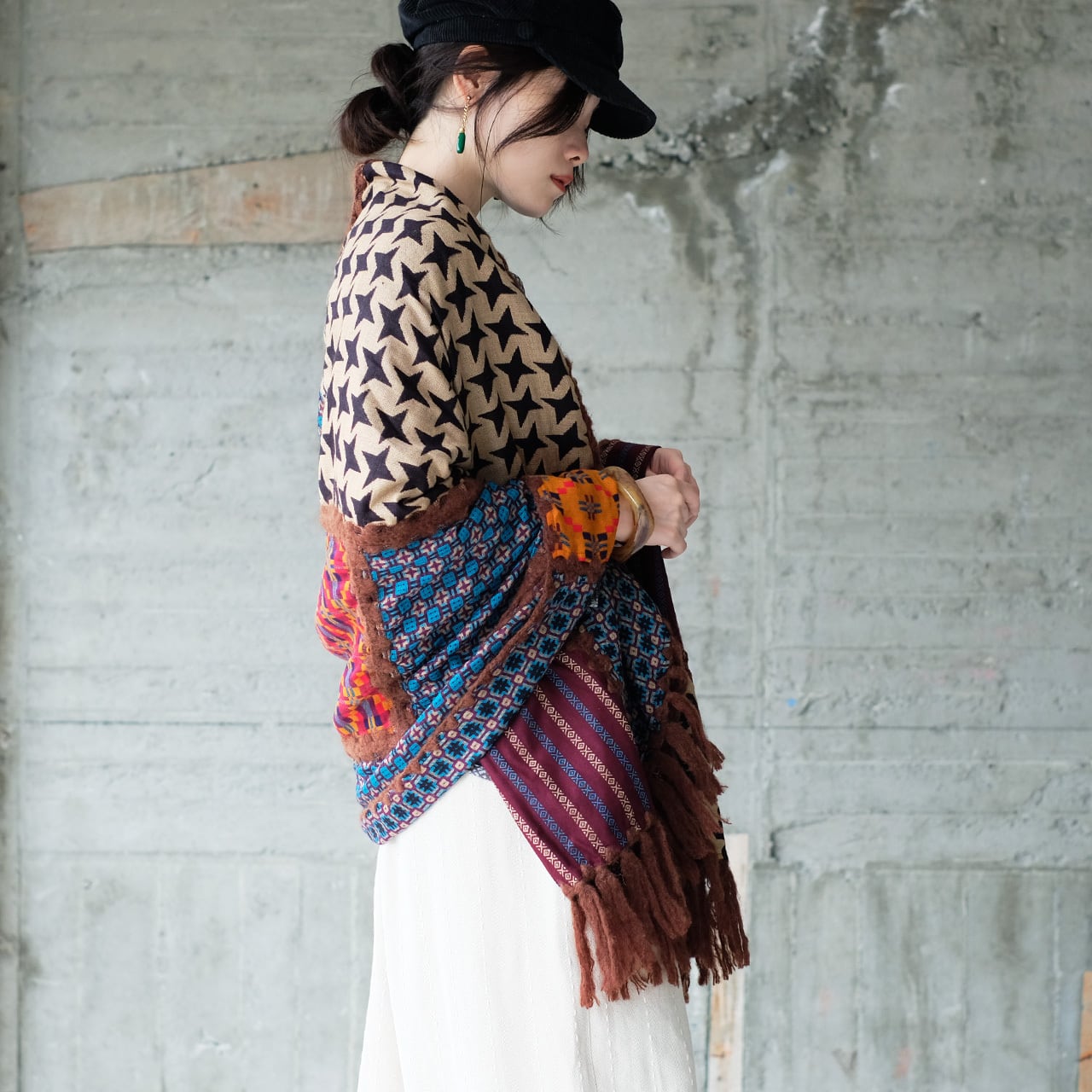 復刻再販】主役級マフラー！柄生地パッチワーク大判ストール（22w-18